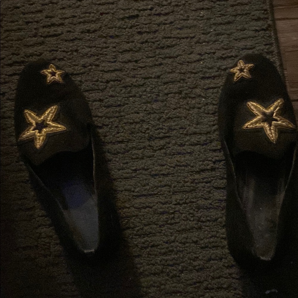 Black Loafers with Gold Star Embroidery